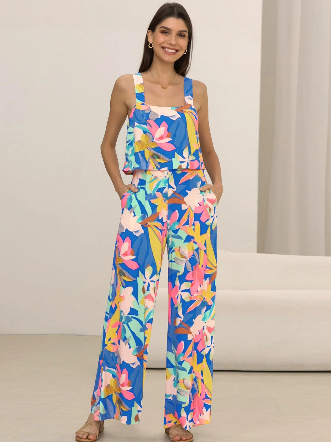 Printed Wide Strap Top and Pants Set