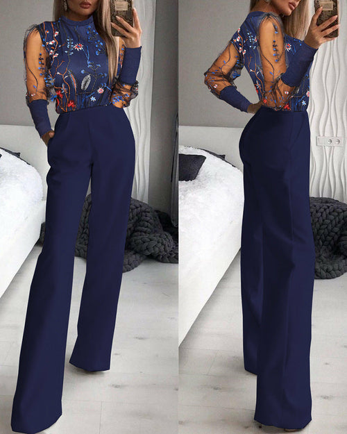  Sheer Mesh Floral Long Sleeve Patchwork Jumpsuit