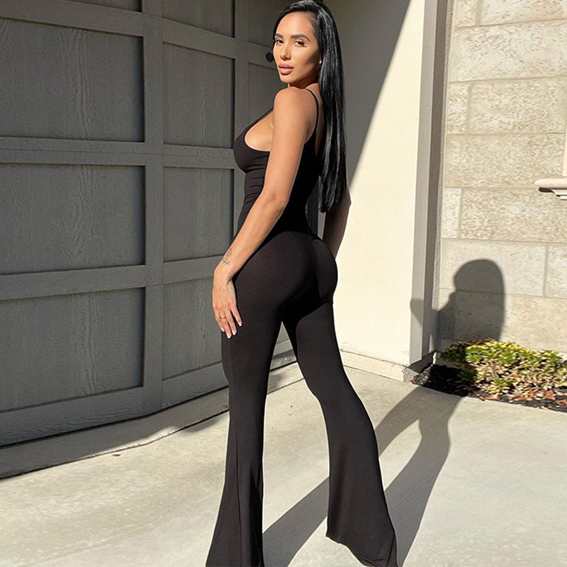 Sexy U-Neck Backless Bodycon Solid Color Jumpsuit with Spaghetti