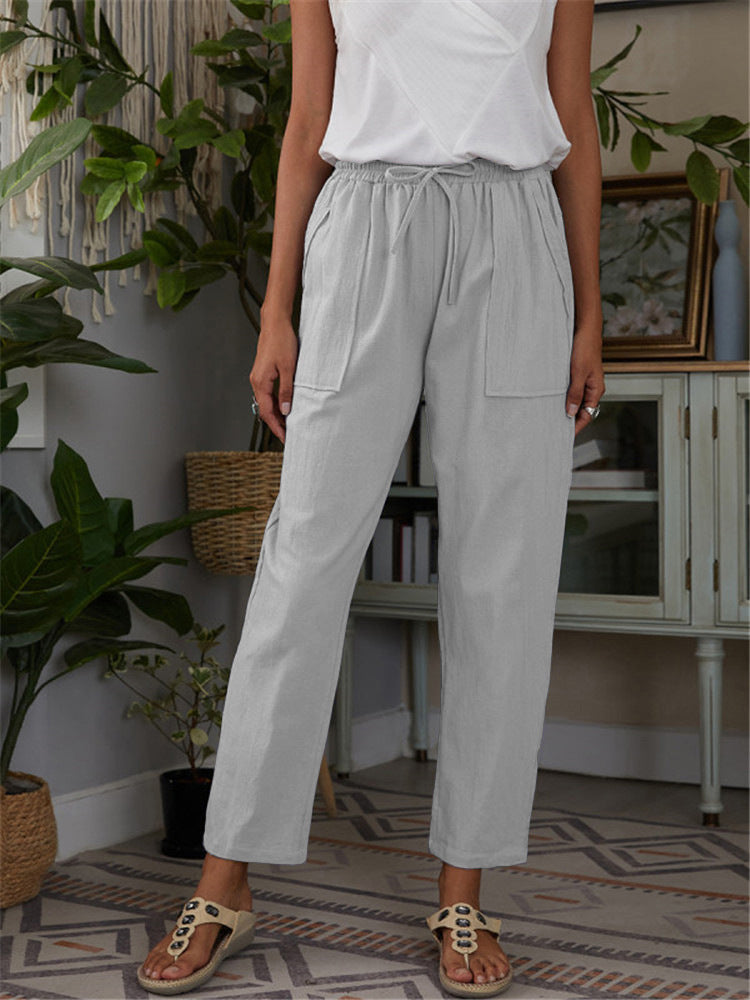 Cotton Linen Pants Loose Solid Color High Waist Trousers Long Pants