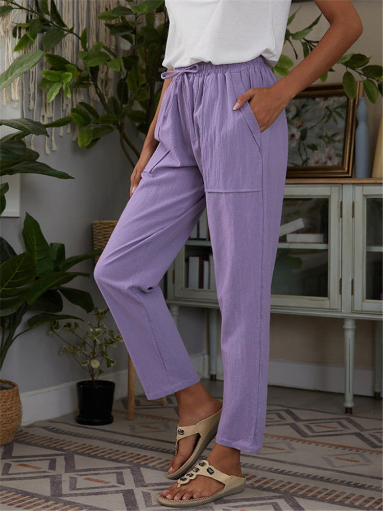 Cotton Linen Pants Loose Solid Color High Waist Trousers Long Pants