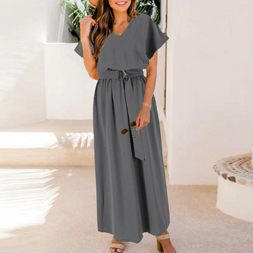 Solid Bohemian Casual V Neck Beach Dress