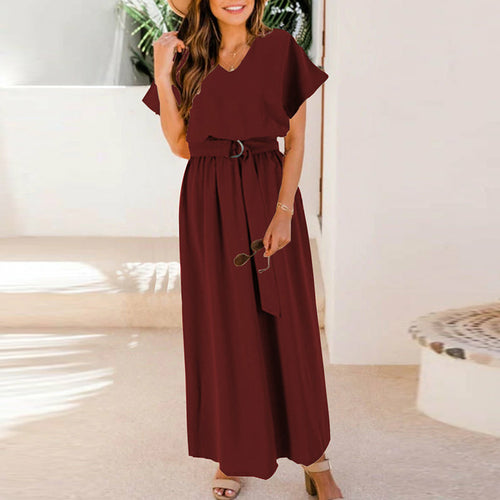 Solid Bohemian Casual V Neck Beach Dress