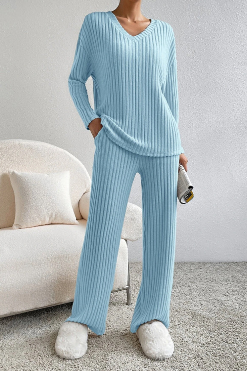 Ribbed V-Neck Top and Pants Set